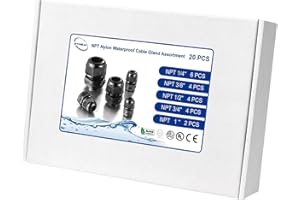 RTHIEAI IP68 Waterproof NPT Cable Glands Assortment - 20pcs Cord Grip for Cables 1/4'', 3/8", 1/2", 3/4", 1'' - UL Listed and RoHS Compliant - Nylon Strain Relief