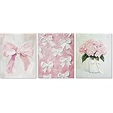 Pleonox Coquette Pink Bow Hydrangea Floral Wall Art Prints 8x10 Inch Set of 3, Preppy Room Decor, Cute Pink Bow Floral Aesthetic Pictures Wall Decor for Girly Bedroom Dorm Apartment, Unframed