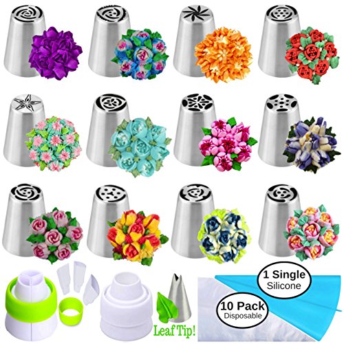 Russian Piping Tips Russian Nozzles for Cake Cupcake Icing Decorating Piping Tips 27-Pcs Russian Tips Set Cake Frosting Tips Kit (12 Russian Piping Tips Leaf Tip 2 Couplers Pastry Bags) Storage Box