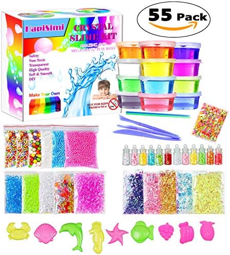 HapiSimi DIY Fluffy Crystal Slime Kit, Comes with 12 Colors Slime, 6-Pack Colorful Foam Balls, 5-Pack Fishbowl Bead Bag, 6-Pack Sugar Paper Bag, 12 Bottles of Glitter, 9 Random Moulds and Others
