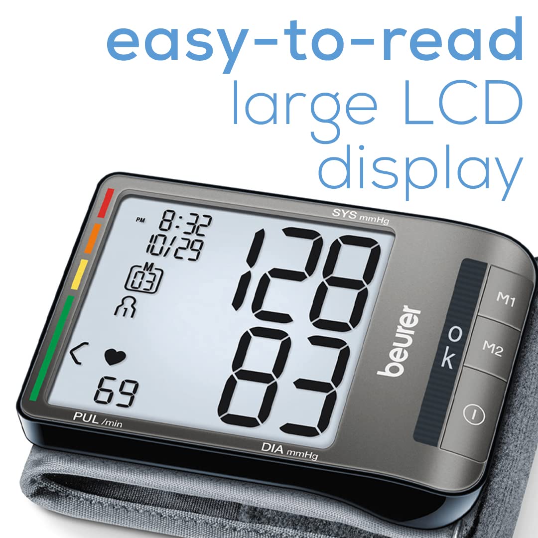 Beurer BC81 Wrist Blood Pressure Monitor – XL Display, Arrhythmia Detection, 120 Memory Sets – XL Blood Pressure Cuff Wrist for Home Use, Automatic Blood Pressure Machine with Storage Case, Batteries
