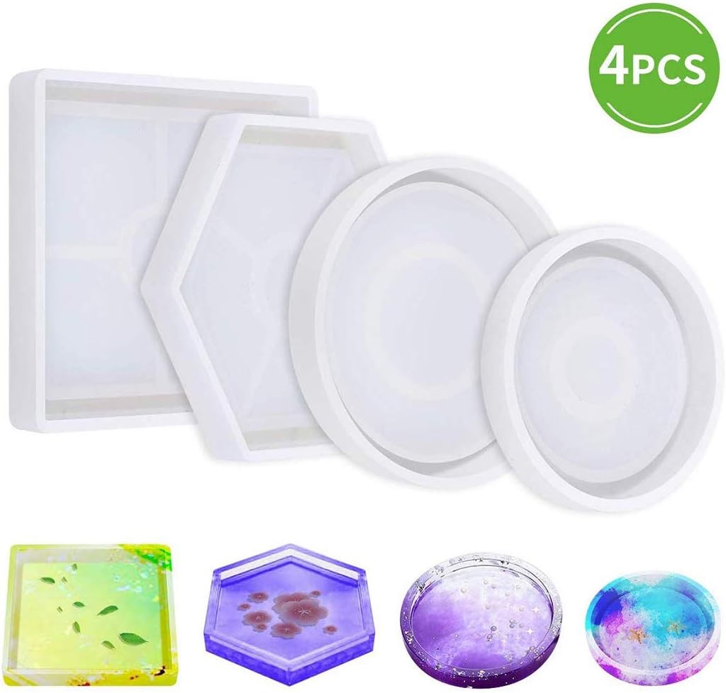 sakd 4pc Resin Molds Silicone Casting DIY Crystal Glue Sturdy Hexagon Square Round Making Epoxy Handmade Mold Sets Kids Gift Boys Girls Toy