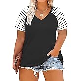 VISLILY Women's-Plus-Size-Tops V Neck Striped Raglan T Shirts Summer Short Sleeve Tee