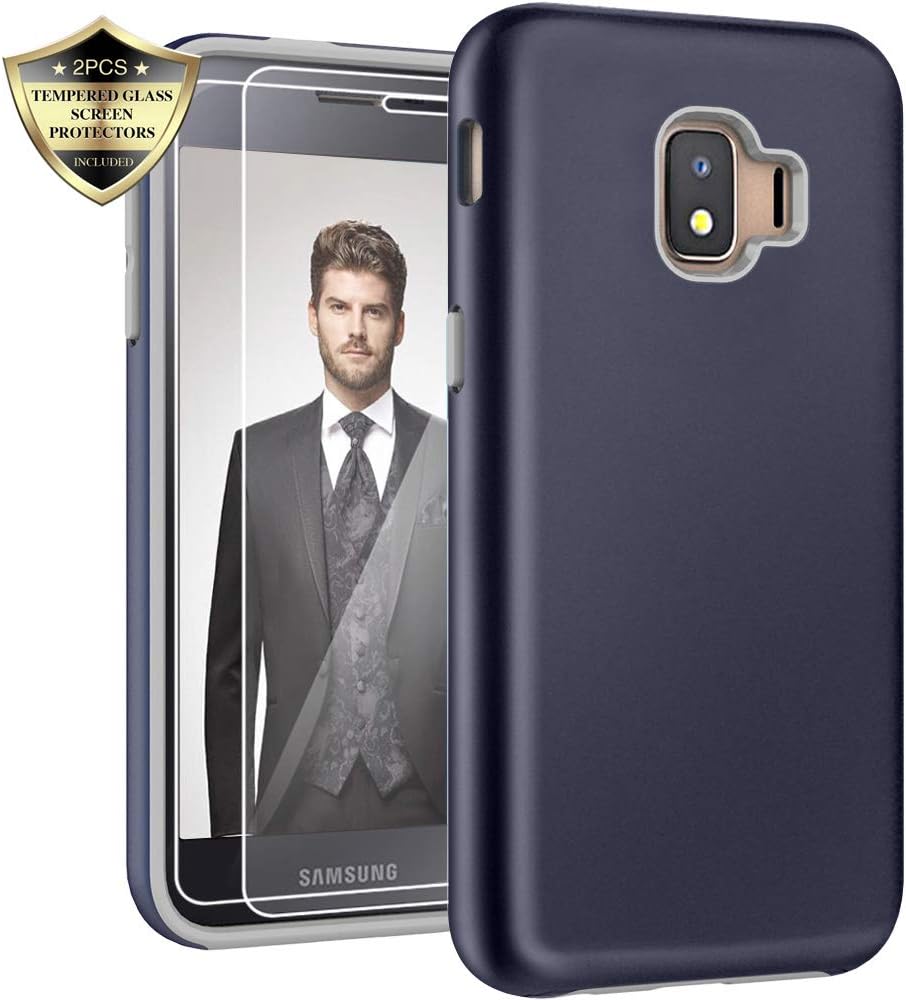 Galaxy J2 Case, Galaxy J2 Core Case, Galaxy J2 Pure Case, Androgate Hybrid Matte Protective Back Cover Case with Tempered Glass Screen Protectors for Samsung Bench, Galaxy J2 Dash, Navy Blue