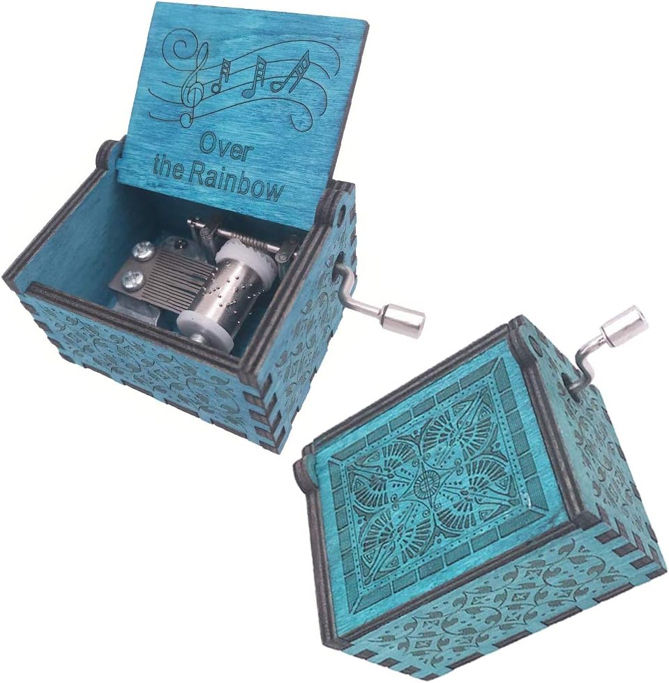 FnLy 18 Notes Wooden Engraved Somewhere Over The Rainbow Music Box,Antique Carved Hand Crank Small Musical Box Gift,Blue
