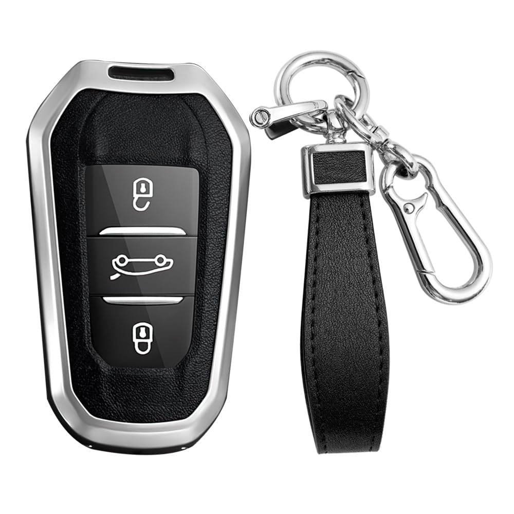 KUNIO Keyless Car Key Case Fits Peugeot 3008 5008 2008 308 508 208 Fits Opel Grandland X Fits Citroen C3 C4 DS5 DS7 Metal Key Cover Key Ring A Silver Black