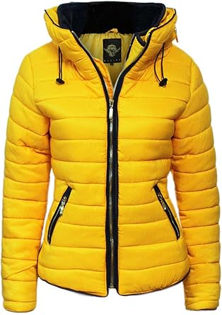 yellow bubble coat with fur hood