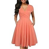 oxiuly Women's Vintage Dot V-Neck Cap Sleeve Casual Pockets Swing Tea Dress OX296