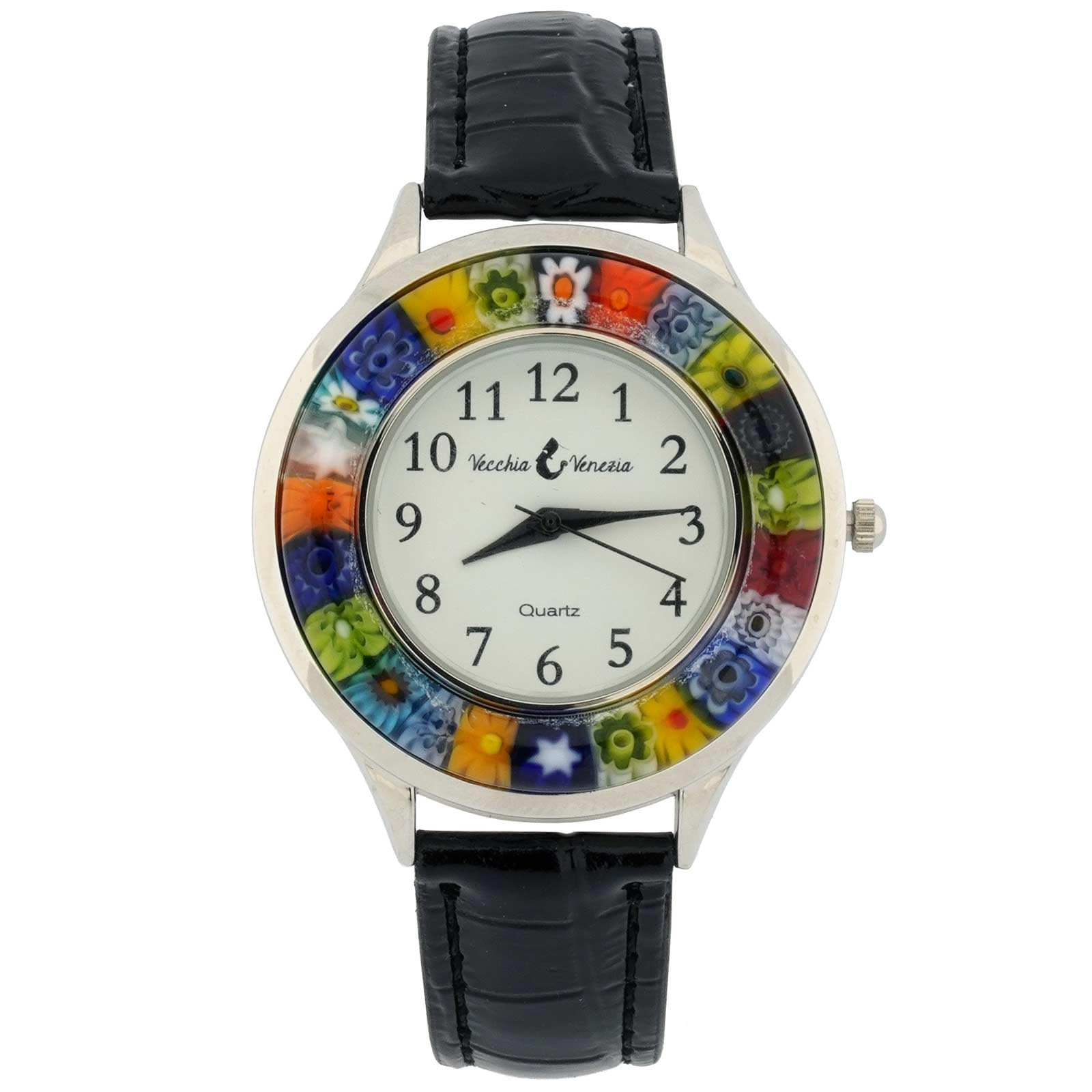 Glass of Venice Serena Murano Millefiori Watch with Leather Band - Black