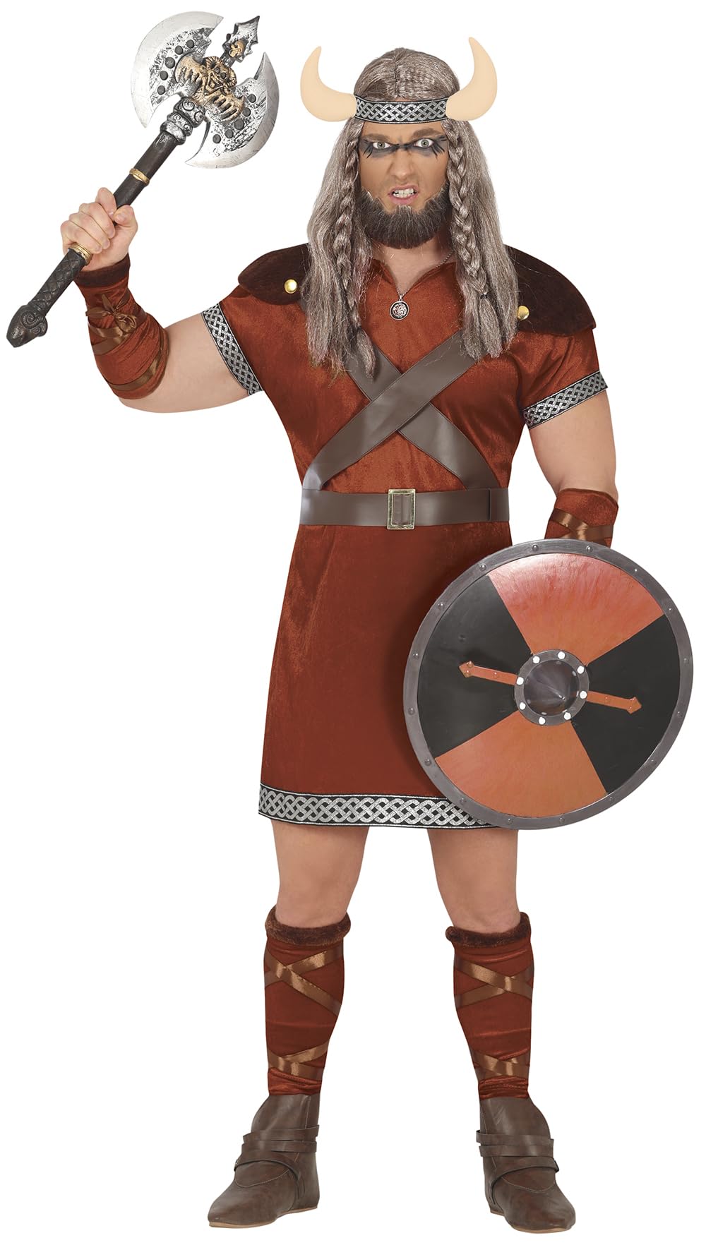 FIESTAS GUIRCA Ferocious Viking Warrior Mens Fancy Dress Costume - Barbarian King Historical Fancy Dress Men incl. Horns Headpiece Size L 42-44