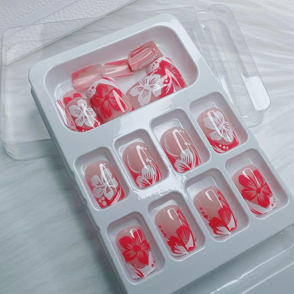 Extra Short Press on Nails - Square French Press on Nails Short Cute Fake Nails Acrylic Flower False Nails for Women, Reusable Stick on Full Cover Glue on Nails 24Pcs - Image 6