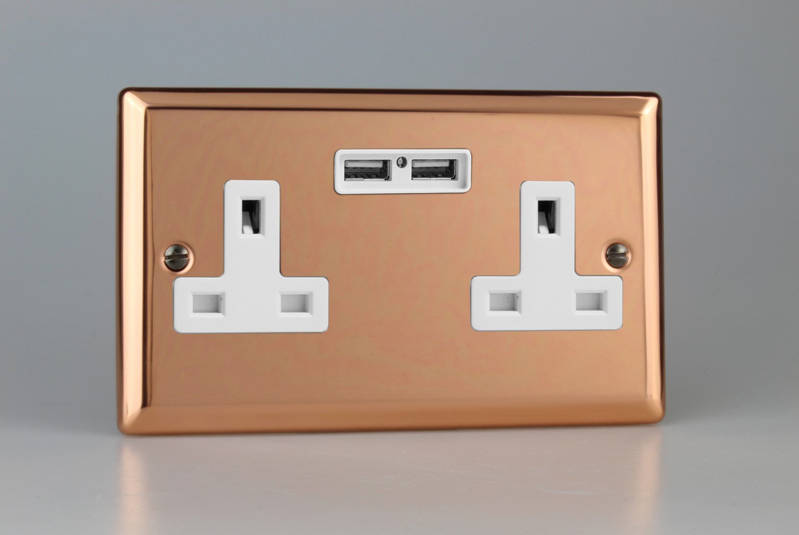 Varilight 2-Gang 13A Unswitched Socket + 2x5V DC 2100mA USB Charging Ports Polished Copper