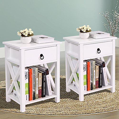 LAZYMOON 2 PCs White MDF Nightstand Bedside Table 1 Drawer End Side Storage Shelf Bedroom