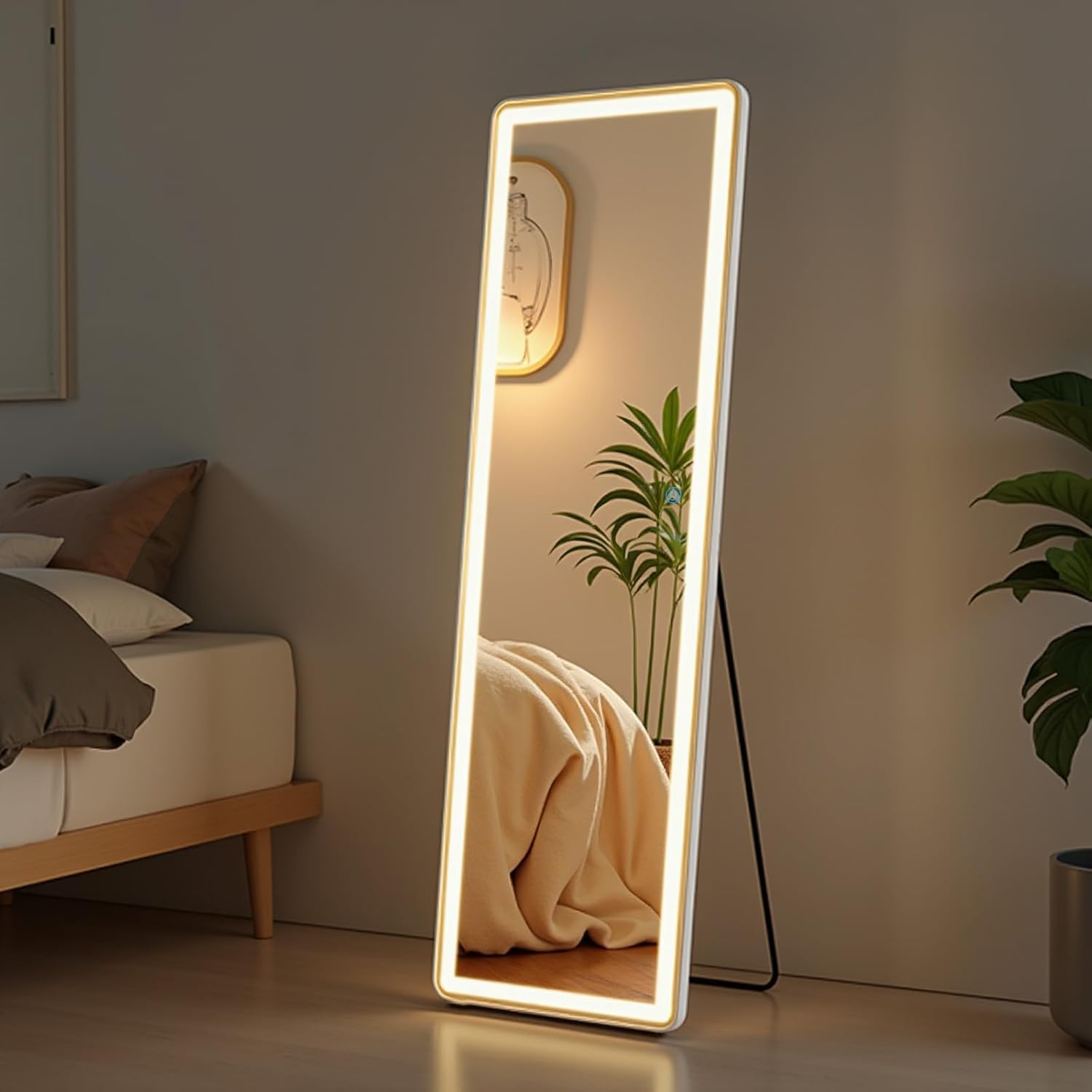 NEWBULIG Full Length Mirror with Stand 16"×60.2", LED Light Floor Standing with 3 Color Lighting for Bedroom Body Hanging Modern Simple Home Decor Wall Living Room Cloakroom