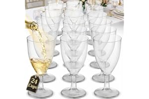 JoyServe 24 Plastic Wine Glasses Disposable - 7 Oz Clear BPA-Free Plastic Glasses with Stem, Reusable Party Wine Cups for Outdoor Parties, Weddings, Toasts, Drinks, Catering (Bulk Pack of 24)