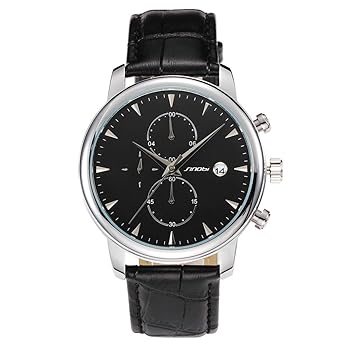 SINOBI Unisex Multifunction Chronograph Business Men Watch Stopwatch Black Leather Strap Date Dial Clock