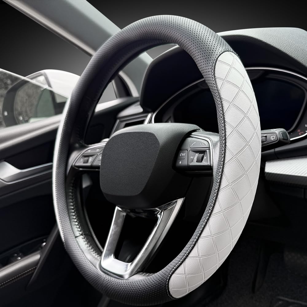 Photo 1 of LKWLIKEI Nappa Leather Steering Wheel Cover, Elegant Diamond Checkered Design, Non-Slip wear-Resistant, Enhance Driving Comfort, Suitable for Steering Wheel Diameter 14 1/2‘-15’ Models.Black White
