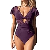 CUPSHE Women's One Piece Swimsuit Bathing Suit Halter Triangle Tops V Neck Ruched Short Sleeve Mesh Ruffled
