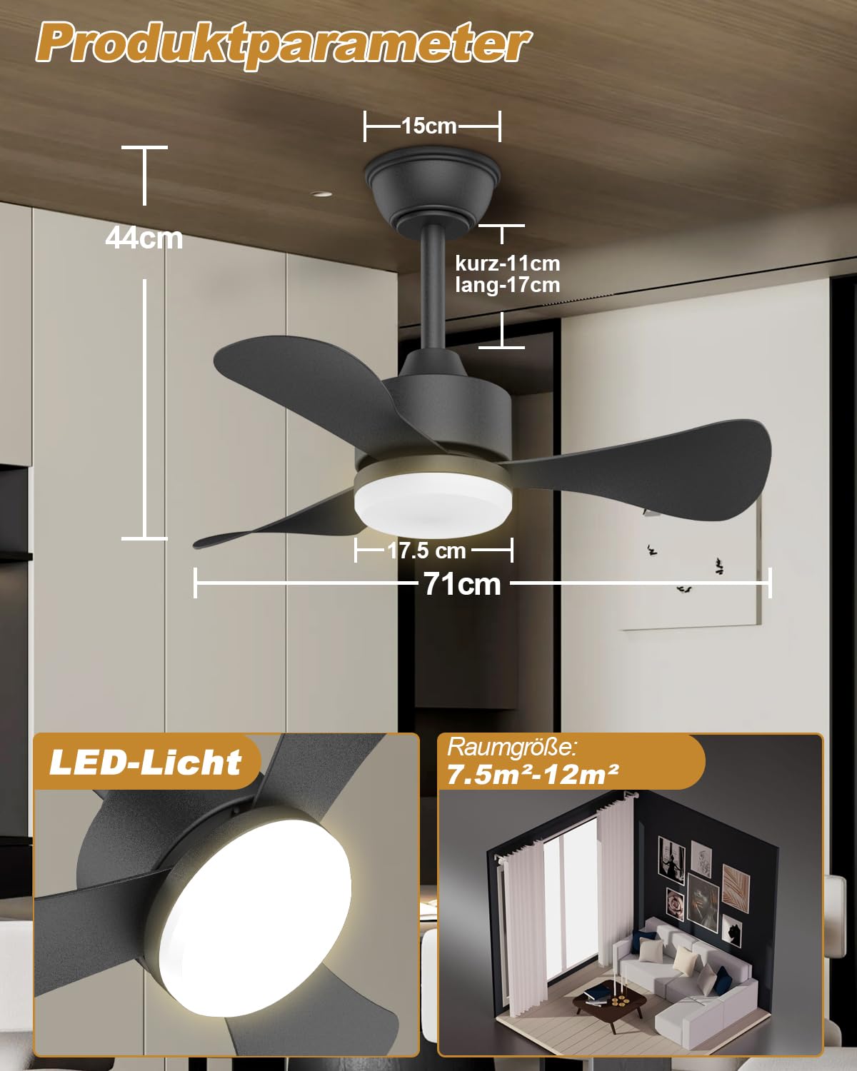 Airwit 71cm Deckenventilator mit Beleuchtung und Fernbedienung, Ø71cm Leise Deckenventilator mit Licht, Klein Lampe mit Ventilator für Schlafzimmer, Wohnzimmer, Kinderzimmer, Umkehrbaren DC Motor
