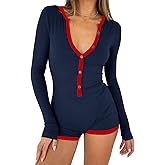 REVETRO Spring V Neck Jumpersuits for Women Long Sleeve Shorts Romper One Piece Bodysuit Y2k Pajamas for Yoga Gym