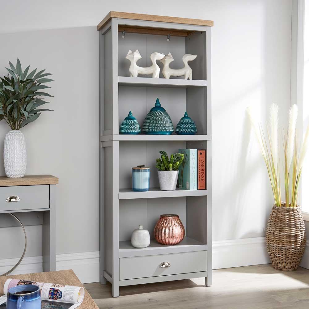 Home Source Tall Bookcase Display Unit, 4 Bookshelves, 1 Storage Drawer, Oak Effect, Grey