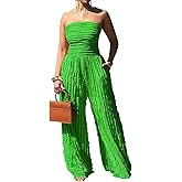 XYZDRESSOR Women Sexy Strapless Tube Backless Jumpsuit See Through V Neck Tie Pleated One Piece Wide Leg Long Pants Romper