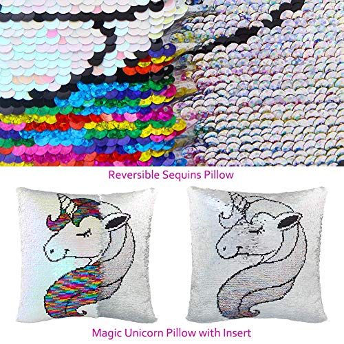 MHJY Unicorn Pillow Insert,Magic Reversible Sequins Mermaid Pillow 16" X 16"Sequin Unicorn Throw Pillow for Home Decor(Colorful Unicorn/Silver)