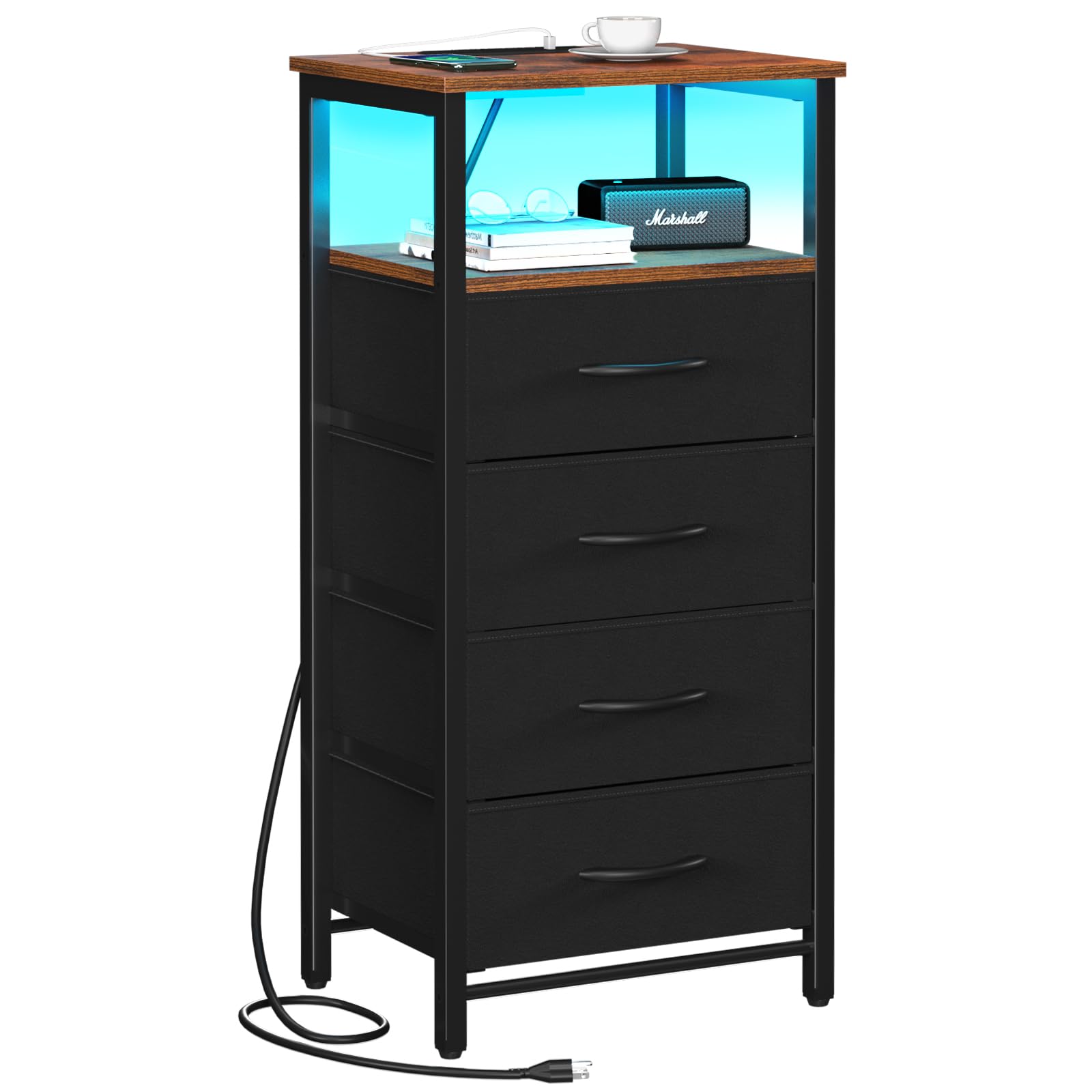 Photo 1 of *** see notes *** Yoobure Night Stand - LED Nightstand with Charging Station, Tall Dresser for Bedroom, Bedside Table with 4 Fabric Storage Drawers and Storage Shelf, End Table with USB Ports and Outlets