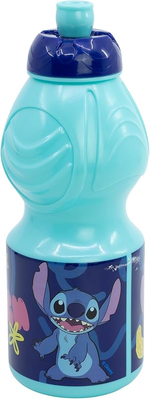 Garrafa de plástico infantil Stitch de 400ml com tampa anti-gotejamento e fita antiderrapante para crianças sem BPA