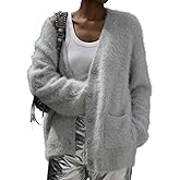 Women's Chunky Fuzzy Cardigan V Neck Slouchy Mohair Sweaters Long Sleeve Button Down Knit Furry Sweater Coat