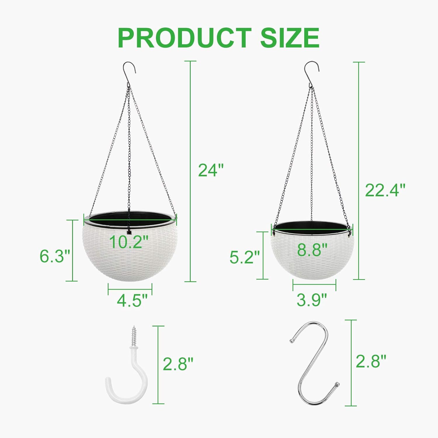 GROWNEER 2 Packs 10.2 and 8.8 Inches Hanging Basket Planters with 6 Pcs Hooks, Drainer and Chain, Plastic Self Watering Hanging Planter Hanging Pots for Indoor Outdoor Plants Flowers (White): Garden & Outdoor