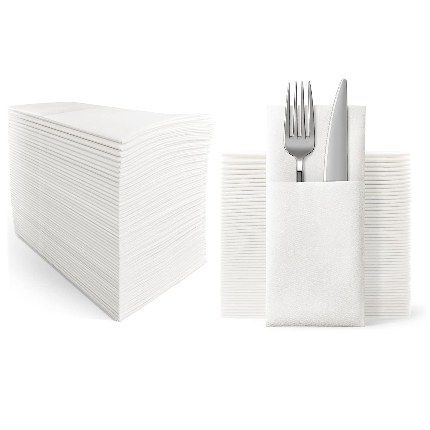 UKEENOR Disposble Dinner Napkins Cloth Like with Built-in Flatware Pocket,Wedding Party Linen Feel White Napkin, Prefolded for Silverware,Pack of 100