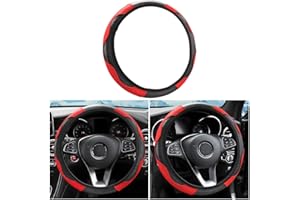FEKEY&JF Car Steering Wheel Cover, Universal Microfiber PU Leather Elastic 15 inch Stitching Color Anti-Slip Steering Wheel Protector, Car Interior Protection Accessories for Men Women (Black/Red)