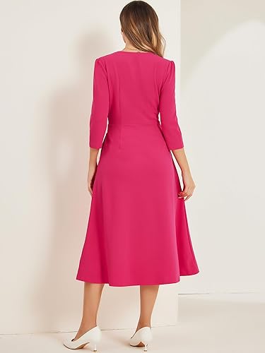 Allegra K Women's 3/4 Sleeve Dresses V Neck Elegant A-Line Work Business  Formal Midi Dress with Pockets Medium Hot Pink in Dubai - UAE