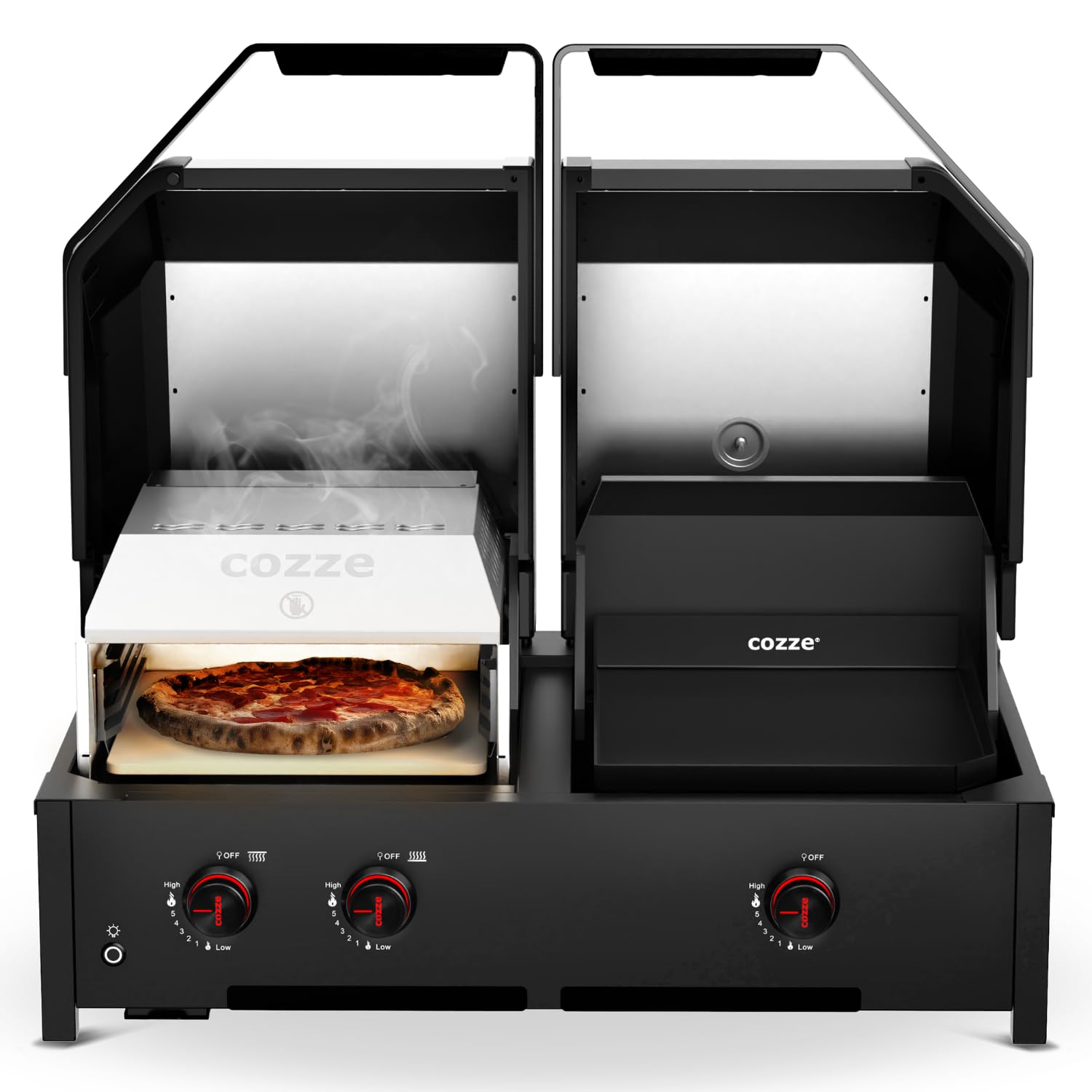 Cozze® Quattro 900 4-in-1 Gasgrill Station: Pizzaofen, Plancha, Grill & 800°C Steakzone – Inkl. Pizzastein & Gusseisenplatte mit 3 Brenner + Infrarot (13 kW) 4