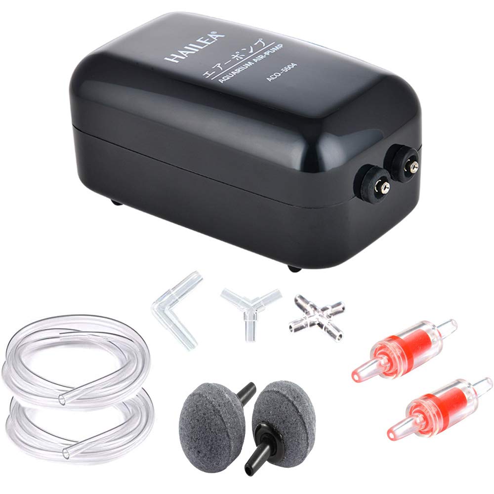 Aquarium Air Pump Oxygen Pump Double Outlet Hangable Adjustable Flow Control Silent High Air Volume for Fish Turtle Tank Power 5W,With 2 Air Stones/2 Air Tubes/2 Check Valve/ 3 Connector