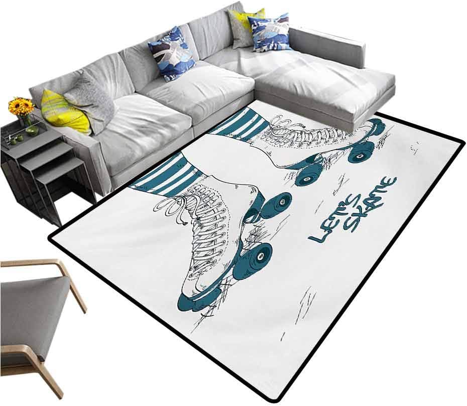 Retro Indoor Floor Mat Girls Legs in Stripes Stockings and Retro Roller Skates Fun Teen Illustration Print Children Play Mat Teal White (4'x6')