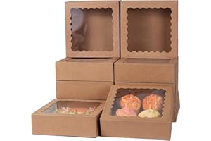 PFAMKEER 50 pcs 8x8x2.5 Inches Bakery Boxes with Window, Cake Pastry Cookie Mini Pie Box for Pastry,Dessert,Strawberries,Chocolates (Brown)