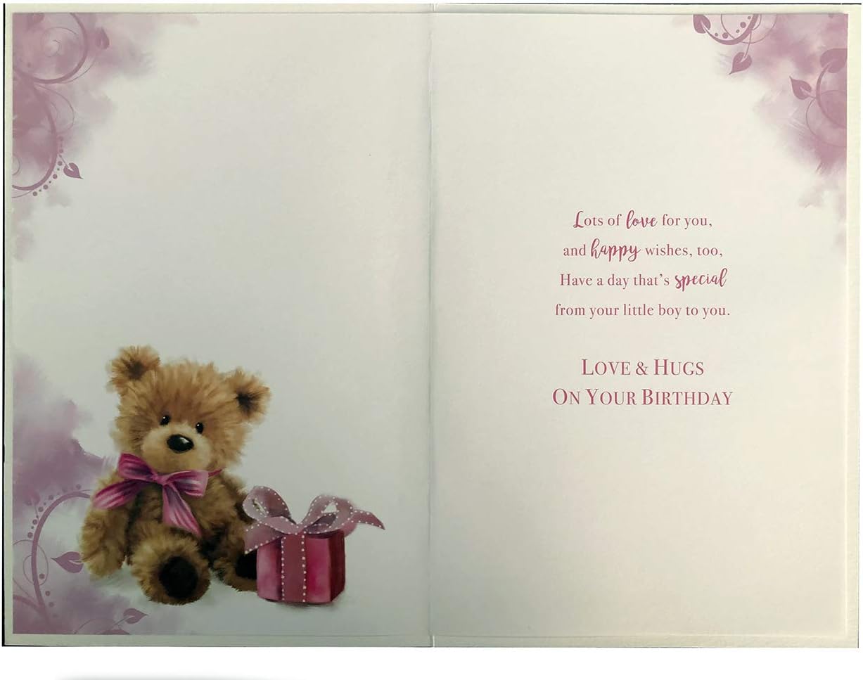 Mummy from Your Little Boy Bear & Present Design Birthday Card Lovely Verse, red|white|brown, 15.2cm x 22.8cm - Image 3