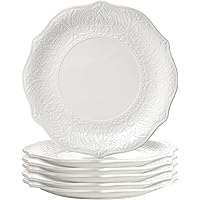 SOUJOY Set of 6 Porcelain Dinner Plate, 10.5''/27 cm White Dinner Dish, Embossed Printing Dinnerware Plate for Dinner, Restau