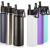 Volhoply 24oz Insulated Water Bottle With Straw Bulk 6 Pack,Metal Wide Mouth Water Bottles With Handle Lid Keep Cold,Reusable Double Wall Cups,Powder Coated Sport Bottle For Holder(Mix,6 Count)