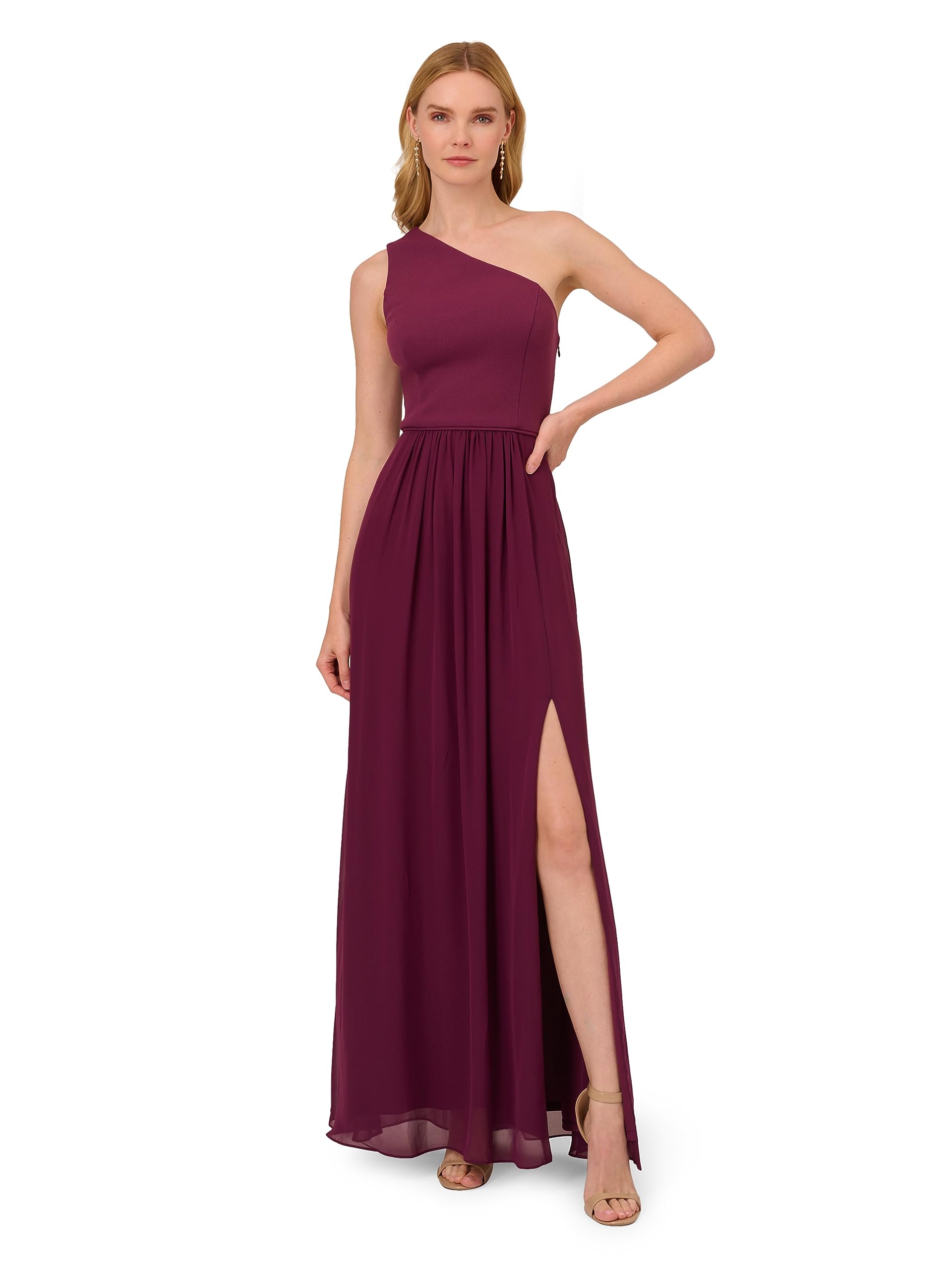 Photo 1 of Adrianna Papell Women's One Shoulder Chiffon Gown, Cassis, 12