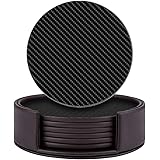 Set of 6 Round Leather Coasters with Holder for Bar, Drinks, Coffee (Black Carbon Fiber Pattern)