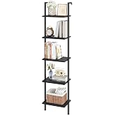 ELYKEN Ladder Shelf, 5-Tier Wood Wall Mounted Ladder Bookshelf | Leaning Storage Shelves with Metal Frame, Vintage Open Display Organizer Rack for Living Room, Bedroom, Home Office, Black