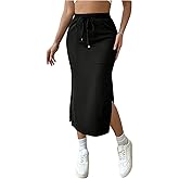 OYOANGLE Women's Split Thigh Bodycon Midi Skirt Drawstring Waist Long Skirts with Pockets
