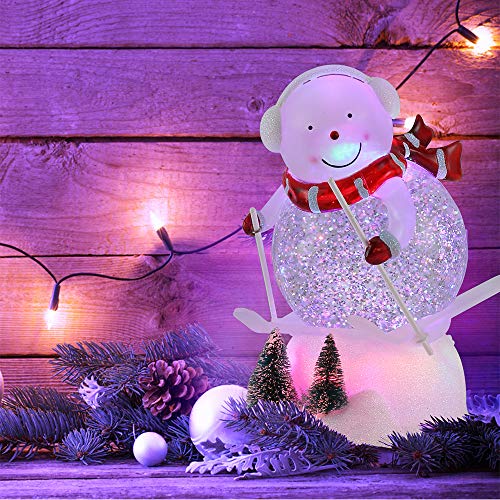 pearlstar Lighted Snow Globe Figurine - 7.3'' Cute Skiing Snowman, Water Snow Globe with Swirling Glitter and Battery & USB Powered, Great Home Decoration and Gift (Snowman)