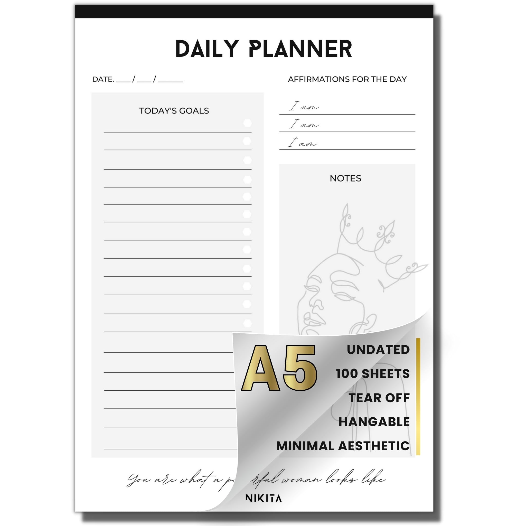 Nikita By Niki Daily Planner Pad - A5 Undated To Do List Notebook - Black and White Planner - Daily Planner Notebook to Encourage Affirmations and Daily Tasking - Tear-Off To Do List Pad - 100 Sheets