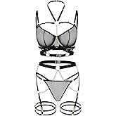 Foxiny Sexy O Ring Chain Strappy Push Up Choker Garter Belt Outfits Lingerie Set 3 Piece