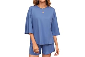 Cnlinkco Womens 2 Piece Outfits Casual 3/4 Sleeve Tops Elastic Waist Shorts Cozy 2 Piece Lounge Sets