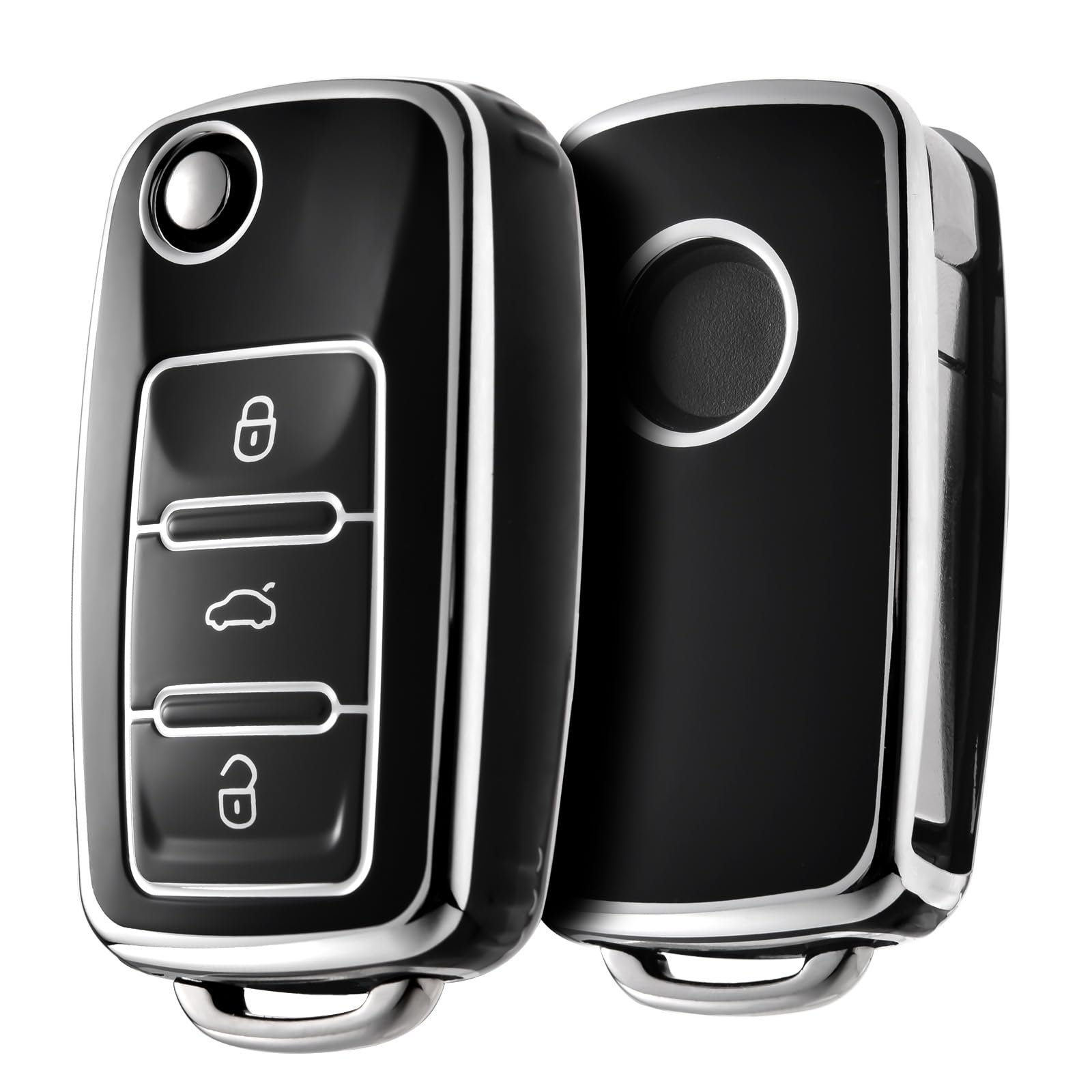 OATSBASF Car Key Cover for VW Golf Key Case Cover for VW Polo Passat Skoda Seat 3 Buttons (Silver Edge Black)